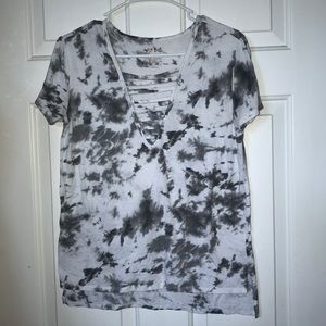 grey and white low v-neck top